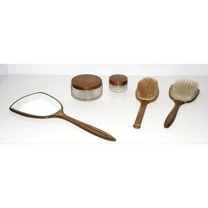 Vintage Vanity Set- Two Brushes, Mirror, Two Jars 1950's Ornate
